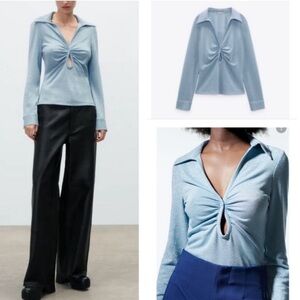 Zara light blue shimmer metallic glitter long sleeve keyhole collared blouse top